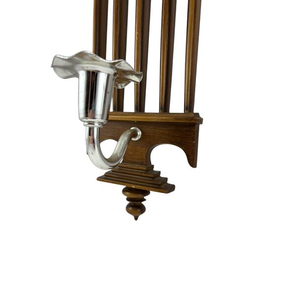 Pair of Vintage 1978 Burwood Wall Candle Sconces Silver Holders and Wood Accents - Picture 12 of 16